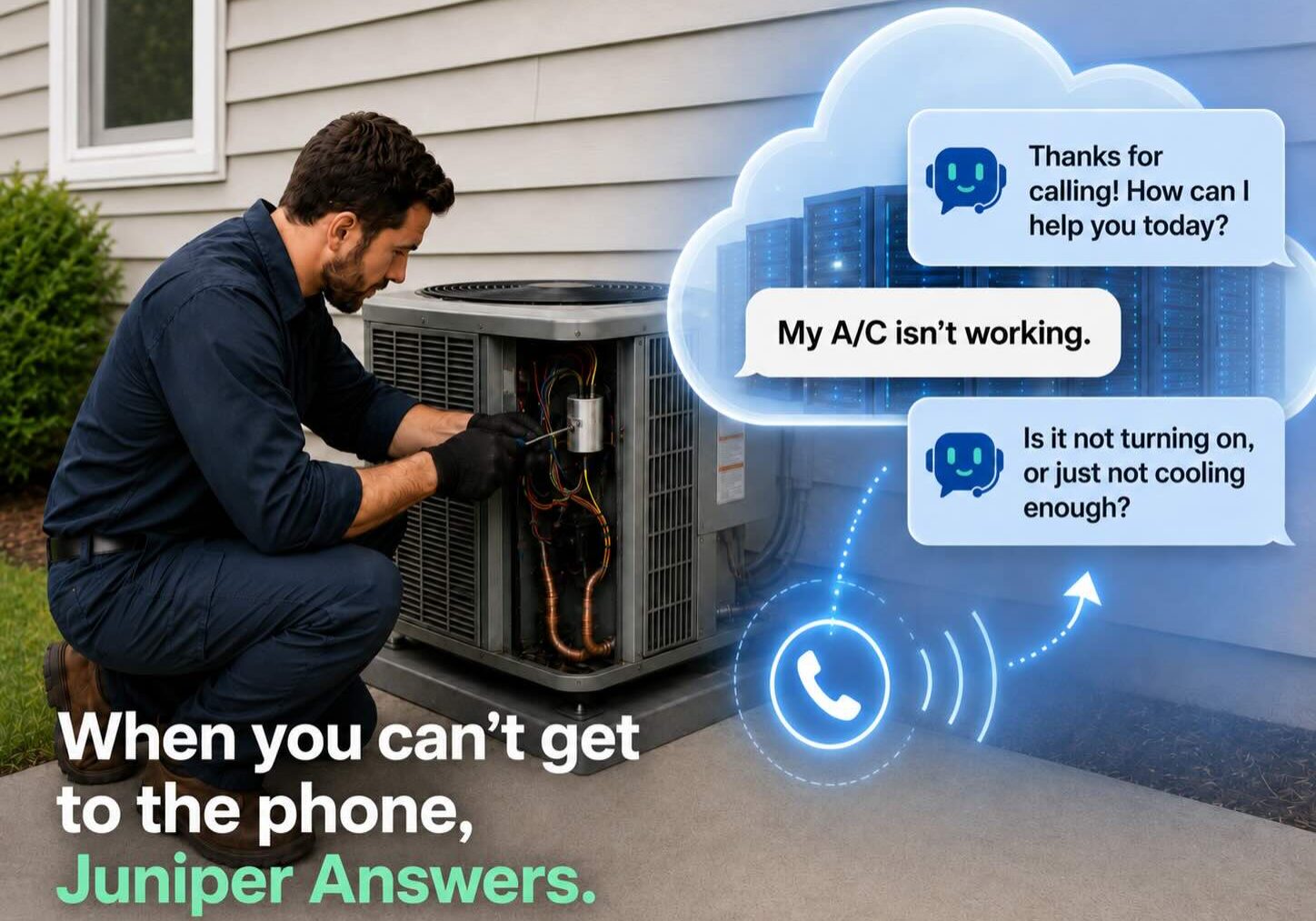HVAC technician repairing an outdoor air conditioner with a glowing cloud chat overlay showing messages